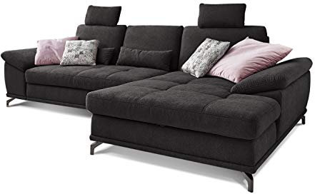 Cavadore Schlafsofa Castiel mit Federkern / Großes Sofa in L-Form mit Bettfunktion, Sitztiefenverstellung, Kopfstützen und XL-Longchair / 312 x 114 x 173 / Webstoff, Schwarz