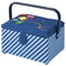 Medium Sewing Box with Compartments in a Striped Blue Fabric with a Rainbow Embroidered Sewing Thread Lid. 18.5 x 26 x 15cm. Sewing Online GA1120M
