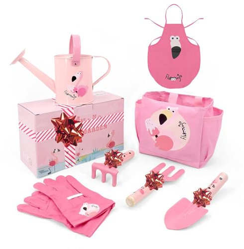 Hortem Kinder-Gartengeräte-Set, 7-teiliges Metall-Kinder-Gartenset mit Handwerkzeug, Gartentasche, Kinder-Gartenhandschuhe, Kinderschürze, Gartengeschenke für Kinder