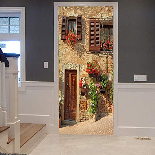A.Monamour Türtapete Selbstklebend Türfolie Türposter 3D Mediterrane Architektur Blumen Italienische Hügelstadt Toskanisches Dekor Vinyl Folie Türdeko Tapete Wandbild Türaufkleber Türtattoo 90 x 200cm