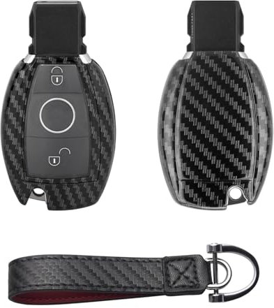 Kwak's Housse de Protection pour clé de Voiture Modèle de Fibre de Carbone de Cas de clé de PC Compatible pour clé de Voiture Mercedes Benz avec Porte-clés