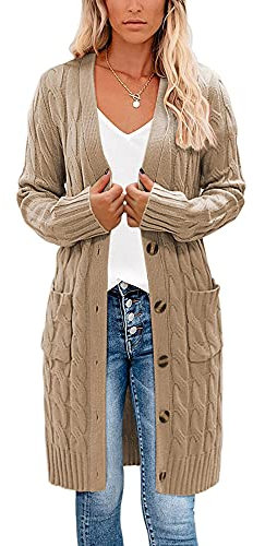 Earnmore Womens Long Cardigan Cable Knit Sweater, Long Sleeve Open Front Button Sweater Coats Outerwear with Pockets for Fall Winter (Khaki, Medium)