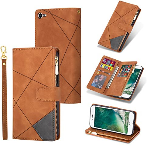 UEEBAI Hülle für iPhone 7/8/SE 2022 5G/SE 2020, Vintage Reißverschluss Handyhülle mit 9 Kartenfächer Geldbörse Trageband Schutzhülle Flip Wallet Case für iPhone SE2/SE3 - Braun