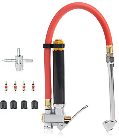 NEIKO 20701A Reifenfüller | 30,5 cm | Flexibler Luftdruckprüfer | 20–120 PSI | 1/4 Zoll NPT Offset Doppelkopffutter | Reifenfüller mit Schlauch | Aluminiumkörper und Messingventile |