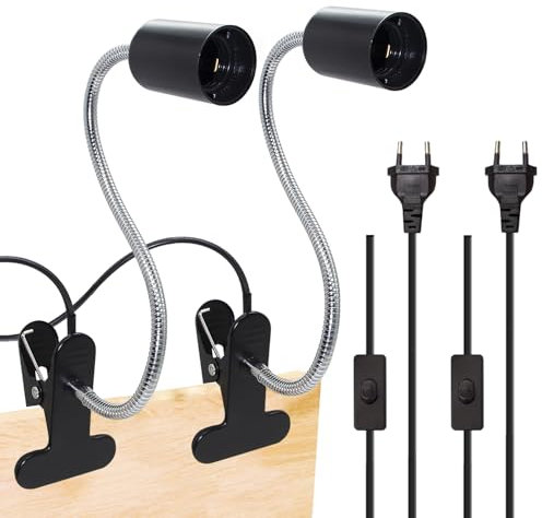 Crzpchas E27 Klemmlampe 2Pcs Metall Klemmleuchte, Schwarz Leselampe Schreibtisch Buchlampe, E27 Lampenfassung mit 360°flexibel Schwanenhals und 220cm Kabel button 60w für Schlafzimmer