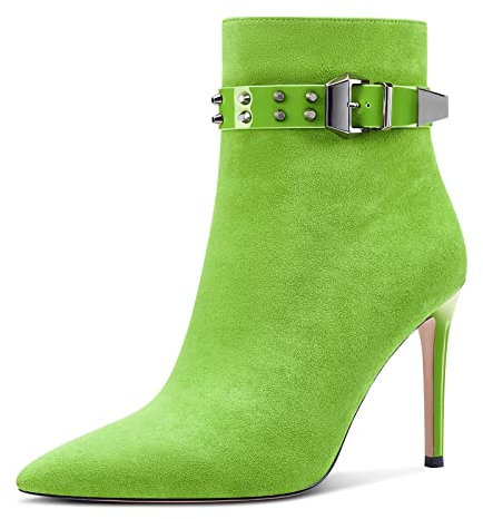 Aachcol Damen Niete Stiefeletten Stiletto Hoher High Absatz Heel Spitze Zehenkappe Reißverschluss Klassisch 10 CM Hellgrün Wildleder 37 EU