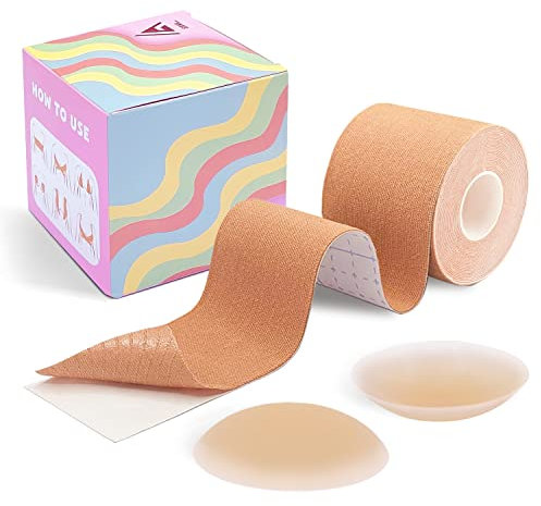 GAKI Store Boob Tape, Boobytape für Brustheben l Schweißfest, hautfreundlich mit sicherem medizinischem Material, Bob Tape für große Brüste + 1 Paar Wiederverwendbare & waschbare Silikon