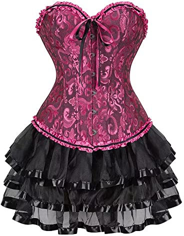 Corset Femme Bustier Jupe Robe Sexy Dentelle Floral Guêpière Lingerie Grande Taille Burlesque Rose Rouge 4XL