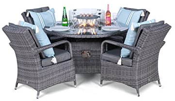 Giardino Arizona Rattan Garden Patio Fire Pit Dining Set 4 Seater, Outdoor Table & Chairs Furniture, with Griddle, Accessories & Cover, 120cm Round, Grey