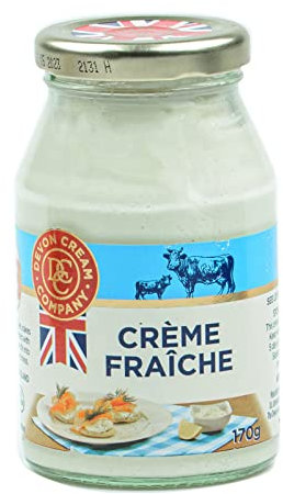 Food-United CREME FRAICHE 170g englische Sauer-Rahm-Creme im Glas von Devon Coombe-Castle verfeinert Bagels Scones Früchtekuchen Pudding oder passt für Cremesuppen Tomatensoßen Saucen Pasta Lachs (1)