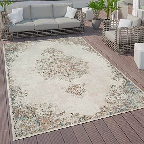Paco Home Outdoor Teppich Wetterfest Wohnzimmer Balkon Küchenteppich Vintage Orientalischer Style Modern Creme Beige, Grösse:160x230 cm