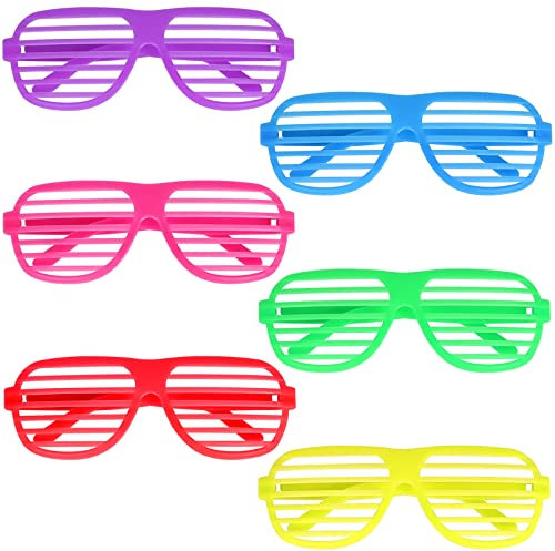 BOZILY 6pcs Neon Shutter Shades Sunglasses Novelty Neon Glasses 80's Party Slotted Sunglasses 80s Disco Shutter Glasses for 80s Party Fancy Dress Costume Prop