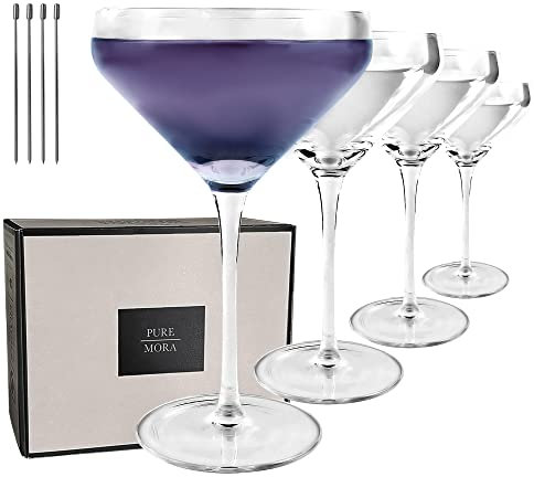 PURE MORA The Remy Coupe – 4 Stück 237 ml mundgeblasene Premium Kristall Martini Gläser für Cocktail, Gin & Tonic, Cosmopolitan, Manhattan, Bar, Fancy Mixology usw. Moderne Winkeltrinkgläser