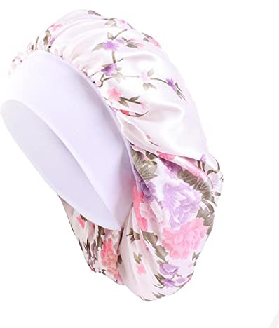 Satin Schlafmütze Damen Blumen Satin Bonnet Schlafhaube Seide Nachtmütze Bonnet Atmungsaktive Seide Schlafmütze Verstellbare Silk Bonnet Seidenhaube zum Schlafen Weiche Satin Haube Weiß