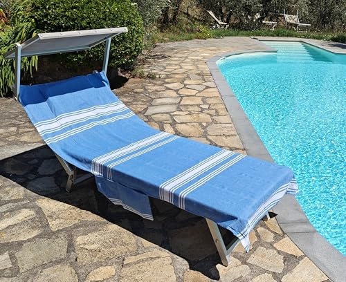 Vico Casa® Strandtuch für Sonnenliege Palau 75x195cm aus Baumwolle, Türkis/Sonnenliege, Pool, Strandtuch mit Kissen, Taschen und Tragetasche