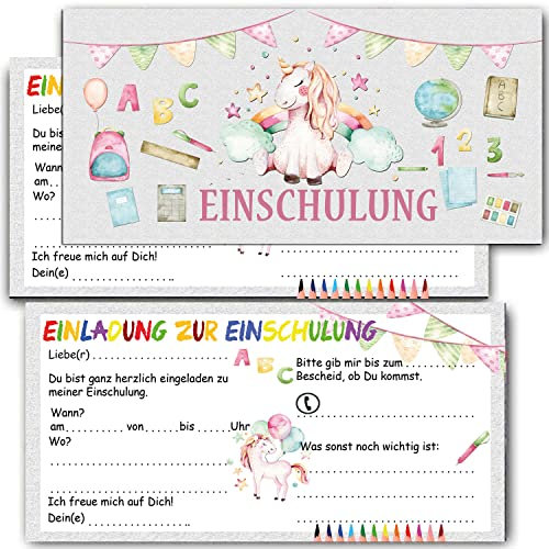 KARTENVERSAND24 Einladung zur Einschulung für Mädchen Einhorn Einladungskarten inkl Umschlag 12er Set zum Schulanfang Schulbeginn Schuleinführung Schuleingang Zuckertüte Schultüte unicorn