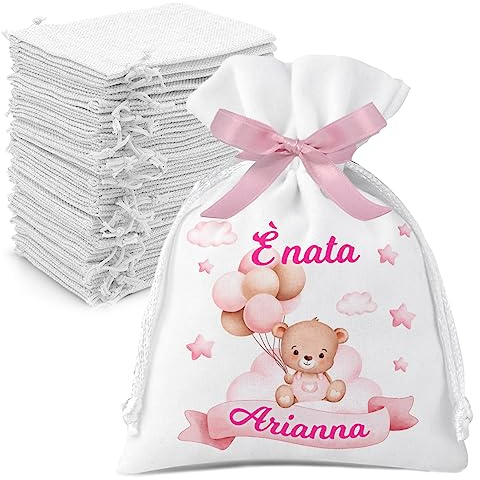 Set 12 sacchetti juta iuta bomboniere prima nascita personalizzati con nome e data. Sacchetti nascita confetti bimba. Grafica orsetto bimba