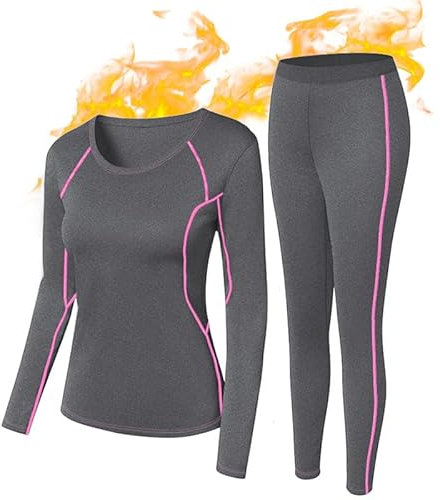 SIMIYA Damen Thermounterwäsche Set, Winter Skiunterwäsche Set Ski Thermo Unterwäsche mit Innenfleece, Thermowäsche Atmungsaktiv Funktionswäsche für Winter (Dunkelgrau-Rose, 2XL)