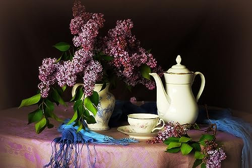1000 Piece Wooden Jigsaw Puzzle, Purple Lilac And Vase Cup Still-Life Puzzle Home Decor Gifts 75X50Cm