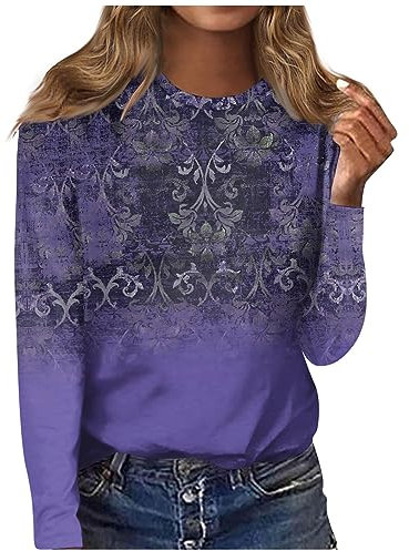 Musselin Bluse Damen Plissee Klamotten Schwarze Tshirt Damen Frauen Elegant Drucken Rundhals Übergröße Langarmshirt Warm Herbst Winter Große Größe Langarm Tunika Tops Plissee Zweiteiler (1-Purple, M)
