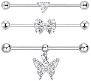 Besyvvin 3stk Industrial Piercing Bars 38mm Silber Chirurgenstahl 14G Scaffold Ohr Piercing Barbell Schmetterling Herz