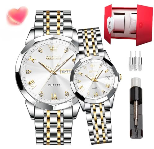 OLEVS Paar Quarzuhren, leuchtender Kalender, Datumsfenster, 3 ATM wasserdicht, lässig, Edelstahl, für Sie und Ihn, Armbanduhr für Männer, Frauen, Liebhaber, Hochzeit, romantisch, 9931 Gold und weißes