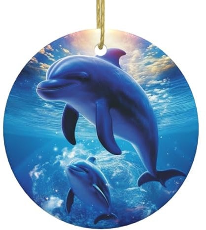 Niedlicher Delfin-Druck, Weihnachtsschmuck, Weihnachtsbaum, Keramik, zum Aufhängen, runde Form, Weihnachtsbaum-Anhänger für Urlaub, Weihnachten, Hochzeit, Party, Weihnachtsbaumschmuck