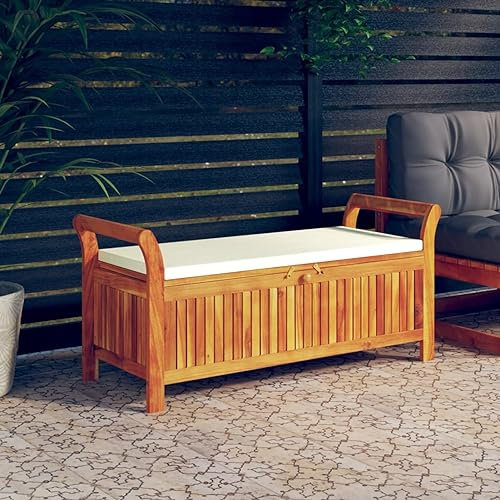 TANZEM Garten-Truhenbank mit Kissen, Gartenbänke, Sitzbank Outdoor, Parkbank, Outdoor Deko Wetterfest, Garten Bank Für Draussen, 126 cm Massivholz Akazie
