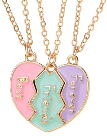 Elefezar BFF Necklace for 3, Heart Broken Stitching Magnetic Best Friend Pendant for Women Friendship Jewelry Gift Gold Plated Chain