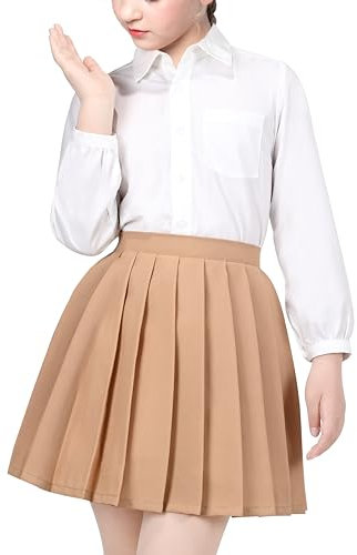 Mädchen Outfit-Set 2 Stück Weiß Hemd Schwarz Gefaltet Rock Schuluniform Gr. 140-146,Braunes Rockset,140-146