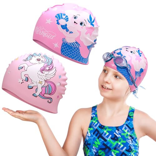 Halinuia 2 Cuffie Piscina Bambina, Rosa Cuffia da Nuoto in Silicone Impermeabile, per Bambini 3-9 Anni Nuotare, Divertenti e Personalizzata con Motivi Unicorno e Sirene