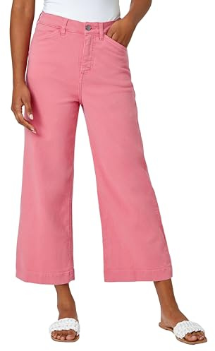 Roman Originials Denim Culottes for Women UK Ladies Cotton Cropped Trouser Wide Leg Jean Stretch Pants Capri 3/4 Length Three Quarter Summer Loose Casual Spring - Pink - Size 20