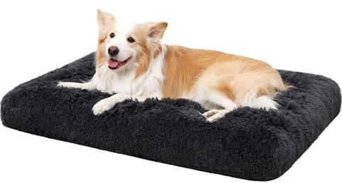 Favodormir Hundebett Grosse Hunde Waschbar, Langer Plüsch, rutschfeste Unterseite, Flauschig Hundekissen Hundematte für große, mittelgroße Hunde, Maschinenwaschbar Hundekorb, Dunkelgrau 90x60cm
