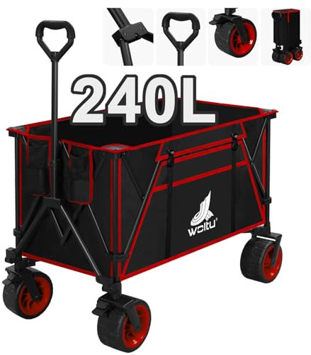 WOLTU Folding Garden Trolley, Festival Wagon for Camping/Picnics/Beach/Shopping, 120kg Weight Capacity with Universal Wheels, Oxford Fabric+Steel, Black+Red