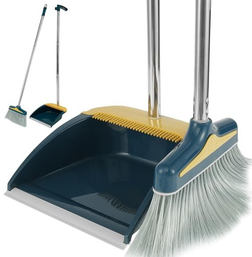 Juego de escoba y recogedor con mango largo, juego de pala y escoba de 128 cm, con peine para casa, cocina, habitación, oficina, vestíbulo, color azul