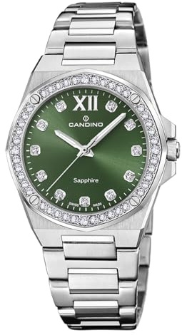 Candino Swiss Damenuhr Analog aus Edelstahl 316l Silberfarben | Quarzwerk, Widerstandsfähiges Saphirglas, Wasserdicht 5 ATM C4751/5, Lady Elegance, Grünes Zifferblatt
