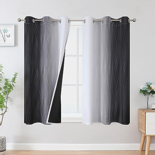 VEHEDE Schwarz und Weiß Farbverlauf Ombre Gardinen Kurz Fenster Küche Thermovorhang gegen Kälte Übergardinen 2er Set Vorhänge Schlafzimmer mit Ösen, Verdunklungsvorhänge Wohnzimmer, H 137 x B 107 cm