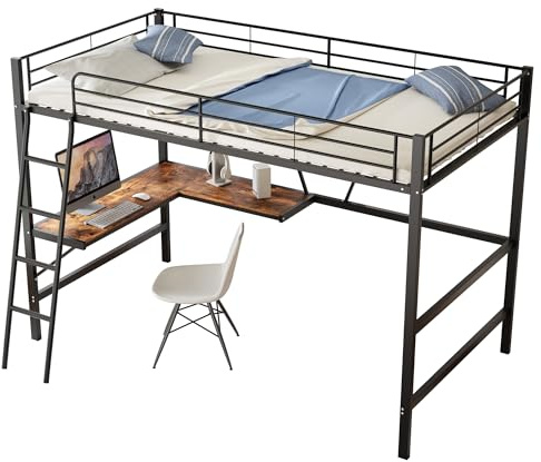 Azkoeesy 90 x 200 cm Metall Hochbett mit Schreibtisch und L-Form Schreibtisch, Einzelbett für Teenager und Erwachsene, Schwarz