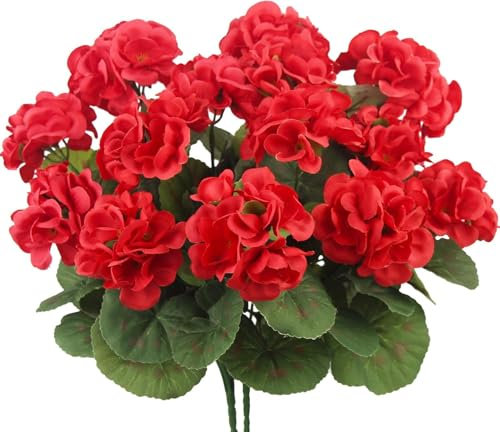 Sousi Artificial Red Geranium Flowers for Outdoor - UV Resistant, Realistic Fake Silk Geraniums for Outdoor Deck, Front Door, Garden Home Decor 2Pcs