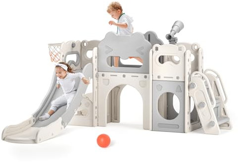 Krovtoy Toboggan pour Enfants épaissi et élargi,Toboggan Extra-Long de 170 cm, Toboggan pour Tout-Petits 7 en 1 autoportant avec Panier de Basket, grimpeur pour Tout-Petits en Plein AI (Beige Gris-7)