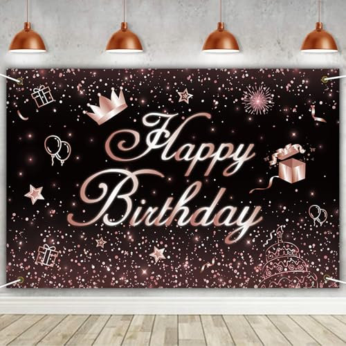 Noir Argent Rose Or Happy Birthday Banner Backdrop Or Rose et Noir Party Decorations 6x4ft Rose Gold Theme Background for Women Girls Baby Shower Birthday Party Decor Banner Photo Backdrop