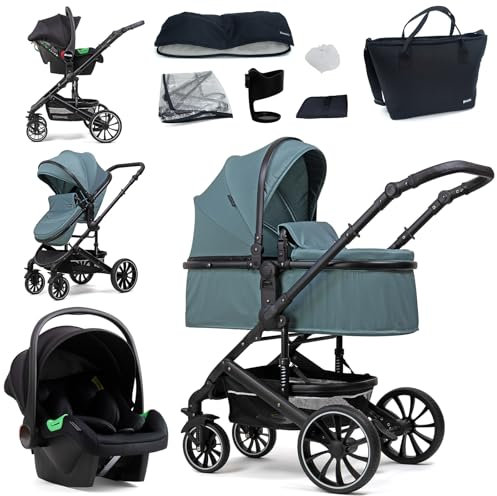 Pixini Kinderwagen Kalani 3in1 Kombikinderwagen, inkl. Babywanne & Buggy & Auto-Babyschale & Cupholder (glossy petrol)