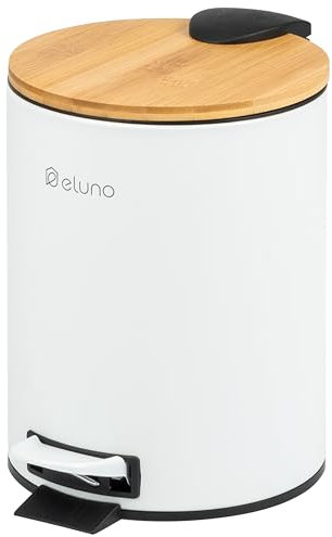 eluno Cosmetic Bin, Pedal Bin, 3 Litre Capacity, with Soft-Close Bamboo Lid, for Bathroom, Kitchen, Bedroom with Removable Plastic Inner Bucket, Bamboo and Metal (White)