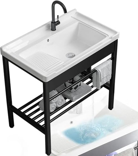 Fregadero De Cerámica, Fregadero Independiente for Lavandería, con Tabla de Lavar Patas de Metal de Acero Inoxidable Soporte y Kit de Drenaje, for Lavadero, Lavadero, Garaje, Sótano,81×48×83cm