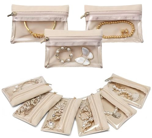 hioseyre 9Pcs Jewellery Pouch, Transparent Travel Jewellery Pouches, Compact with Zipper Travel Jewellery Pouch, Jewelry Travel Bag,Suitable for Travel, Business, Home Storage (Off White)