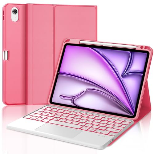 JADEMALL Premium Für iPad Air 11 Zoll Hülle mit Tastatur & Touchpad für 2025 M3/2024 M2 (A326x/A290x) – 7-Farben LED, Beleuchtetes Trackpad, Stifthalter, QWERTZ-Layout, Begonie Rot