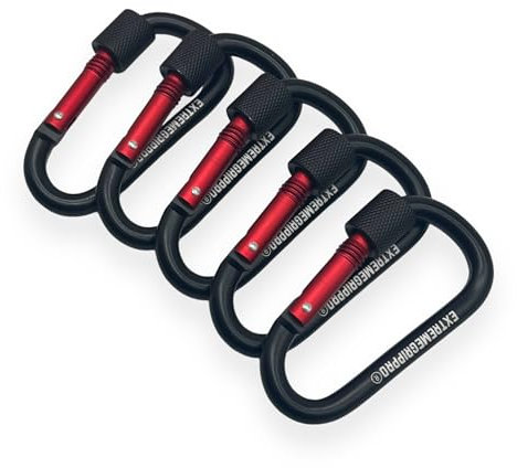 5-Pack Heavy Duty Carabiner Clips - Aluminum D-Ring Screw Lock for Camping, Hiking, Survival, Backpacking, Gear Storage, and Outdoors (Black Red Screw)
