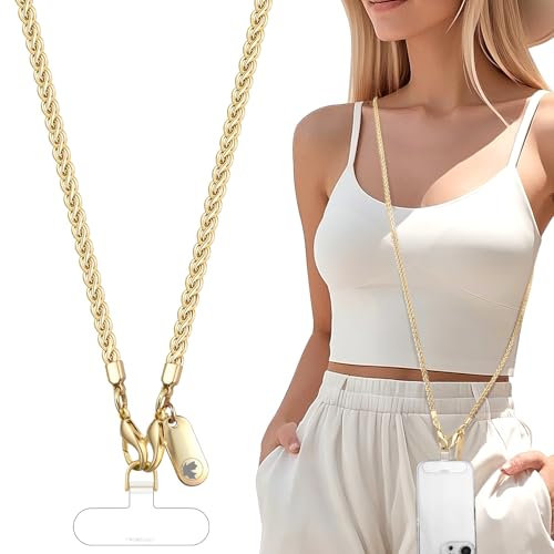 UKON Metal Mobile Phone Lanyard Crossbody, Anti Theft Phone Strap Crossbody Chain Strap for Women Girls, Lightweight Neck Lanyard for iPhone with TPU Tether Tabs(Gold)