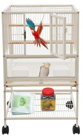 Doppelter Vogelkäfig Trennwand Trennwand Futterkäfig Separater Futterkäfig Großer Vogelkäfig mit 2 Türen Vogelhaus mit Holzlatten und 4 Rollen, integrierter Schmutzbehälter 48,5 * 46 * 83 cm