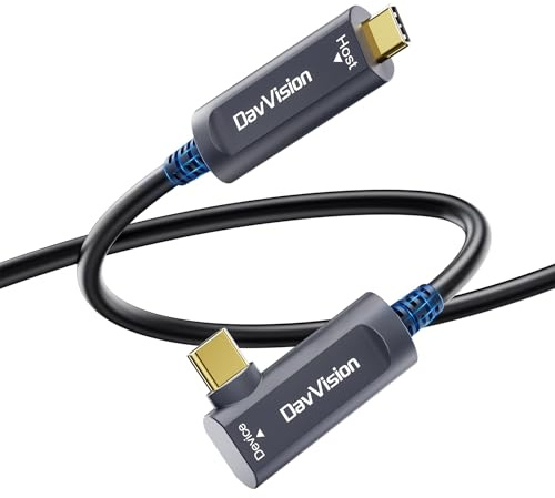 DavVision Fiber Optic USB C Cable Right Angle 15M, 10Gbps USB 3.2 Gen2 Active USB C Cable with German SiliconLine Chip, Ultra Slim & Long Distance for Logitech 4K Camera, VR/AR, Video Conference
